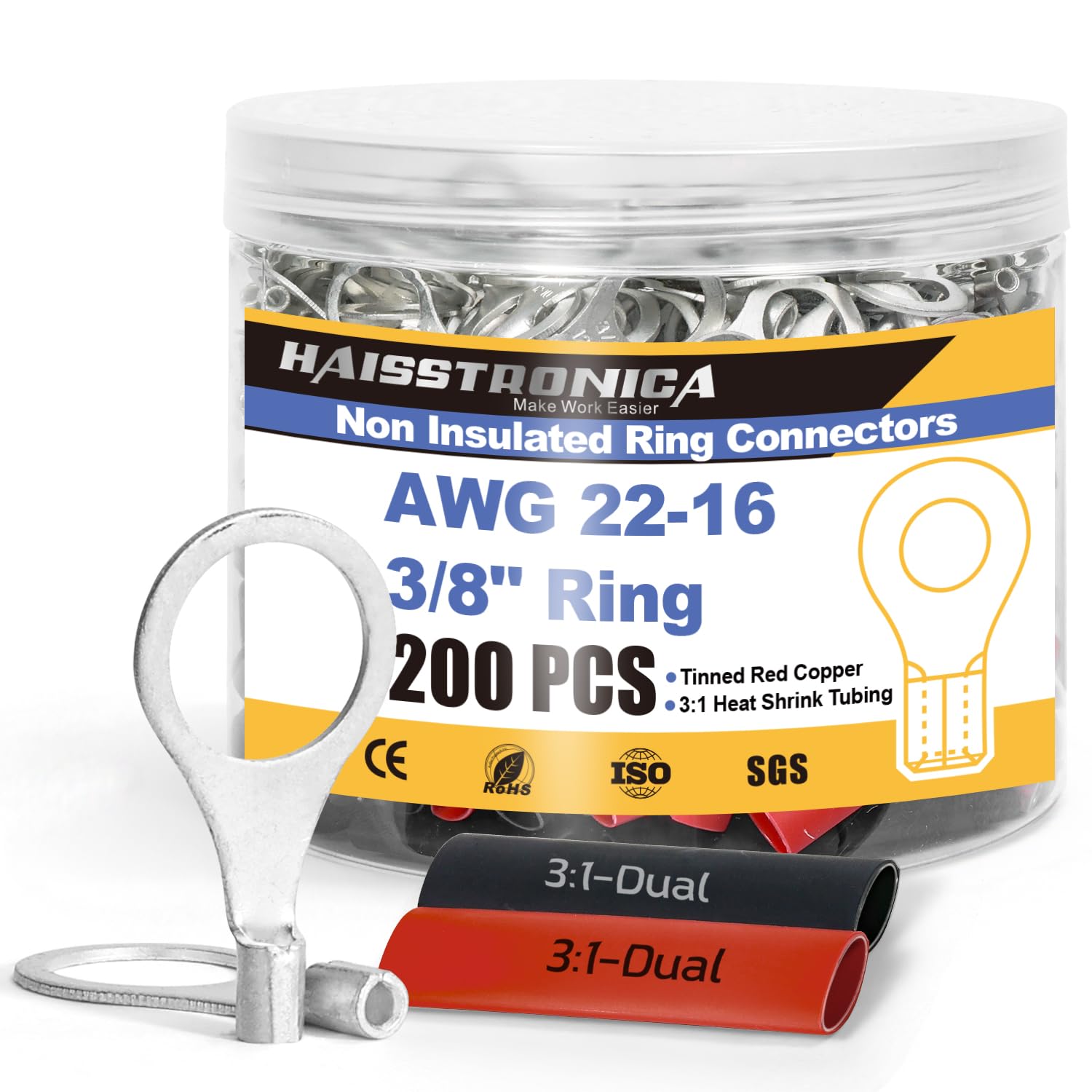 Jar of AWG 22-16 3/8 inch ring uninsulated wire terminals with black and red heat shrink tubing for reliable wiring.