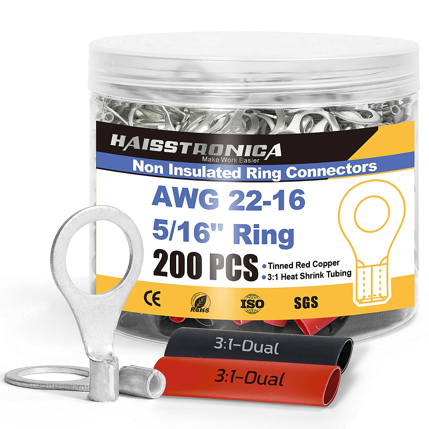 AWG 22-16 5/16 inch ring connectors with black and red heat shrink, non insulated wire terminal kit stored in clear jar.