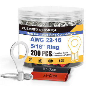 AWG 22-16 5/16 inch ring connectors with black and red heat shrink, non insulated wire terminal kit stored in clear jar.