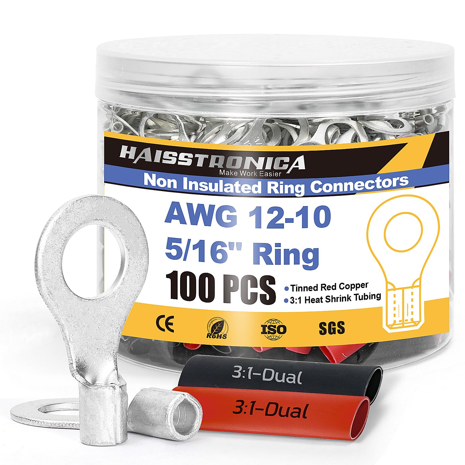 AWG 12-10 5/16 inch ring connectors in jar with shrink sleeves, suitable for crimping non insulated wire on vehicles.