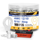 AWG 12-10 5/16 inch ring connectors in jar with shrink sleeves, suitable for crimping non insulated wire on vehicles.