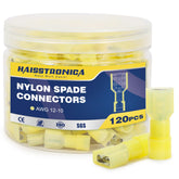 Yellow insulated female disconnect terminal designed for high-performance circuit linking spade connector male spade connector male
