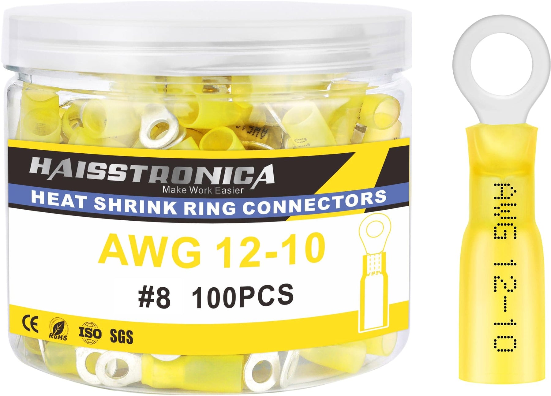Yellow AWG 12-10 terminal wire connectors in jar, heat shrink ring lugs for secure automotive and marine wiring
