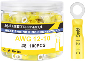 Yellow AWG 12-10 terminal wire connectors in jar, heat shrink ring lugs for secure automotive and marine wiring