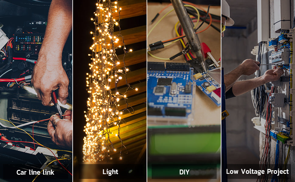 Four scene banner of electrical connectors heat shrink uses, covering car wiring, holiday lights, DIY boards and jobs