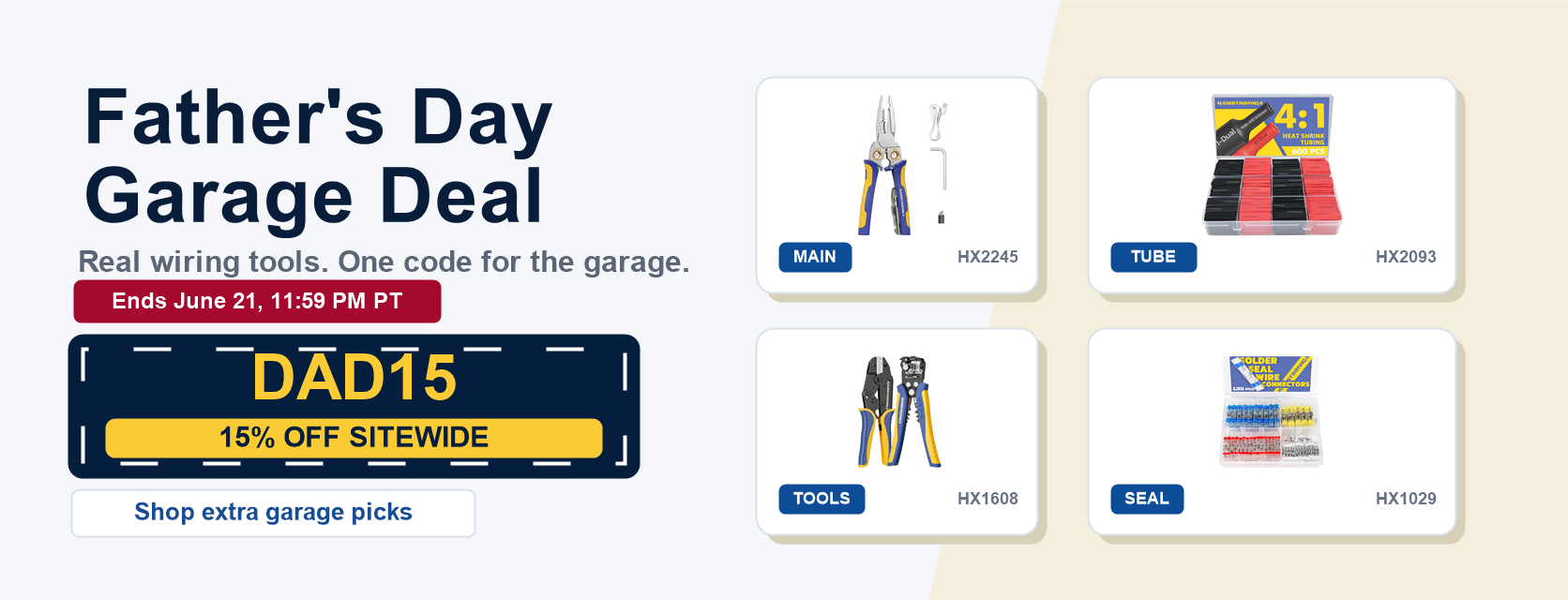 Father's Day Garage Deal DAD15 desktop banner with updated HX2093 product image.