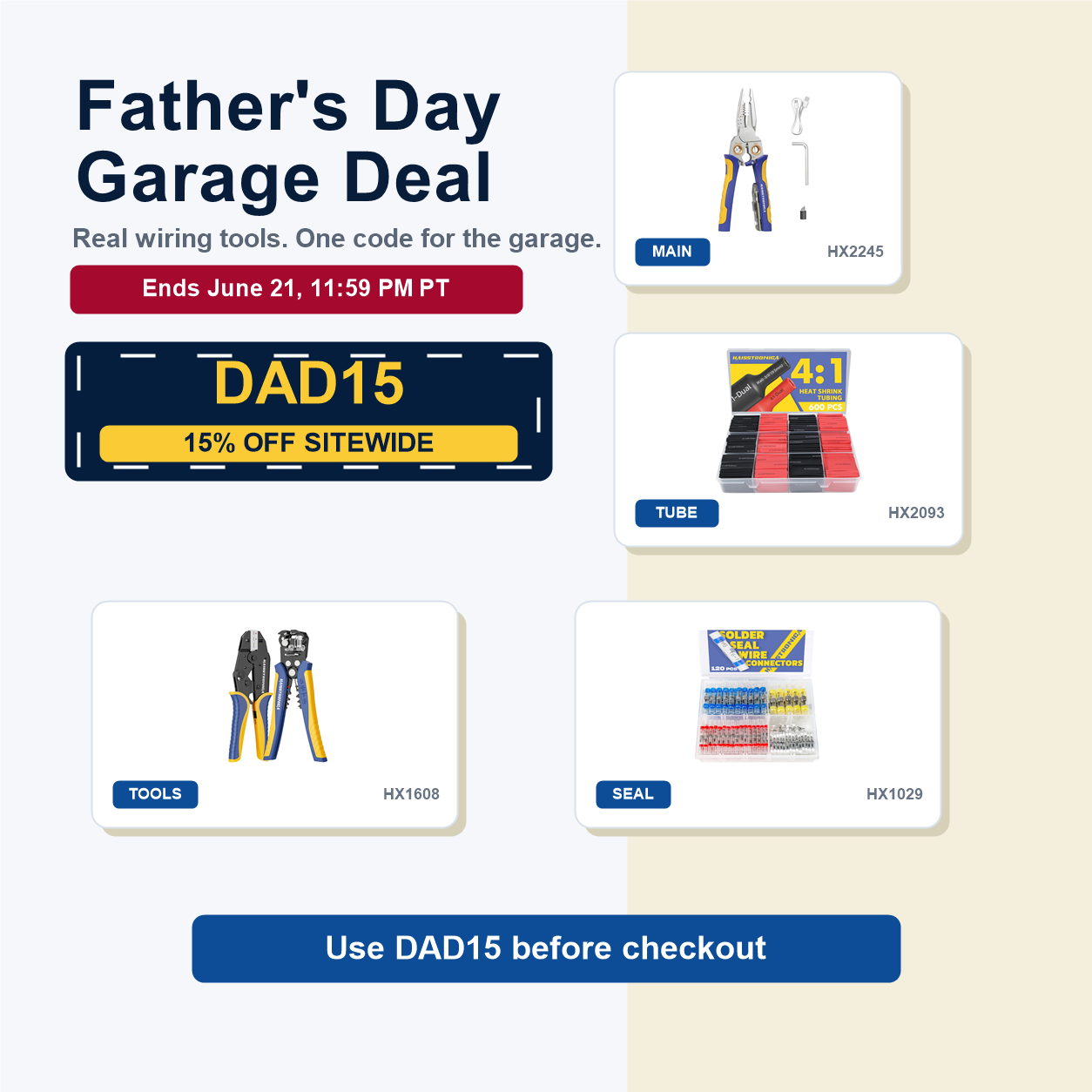 Father's Day Garage Deal DAD15 mobile banner with updated HX2093 product image.