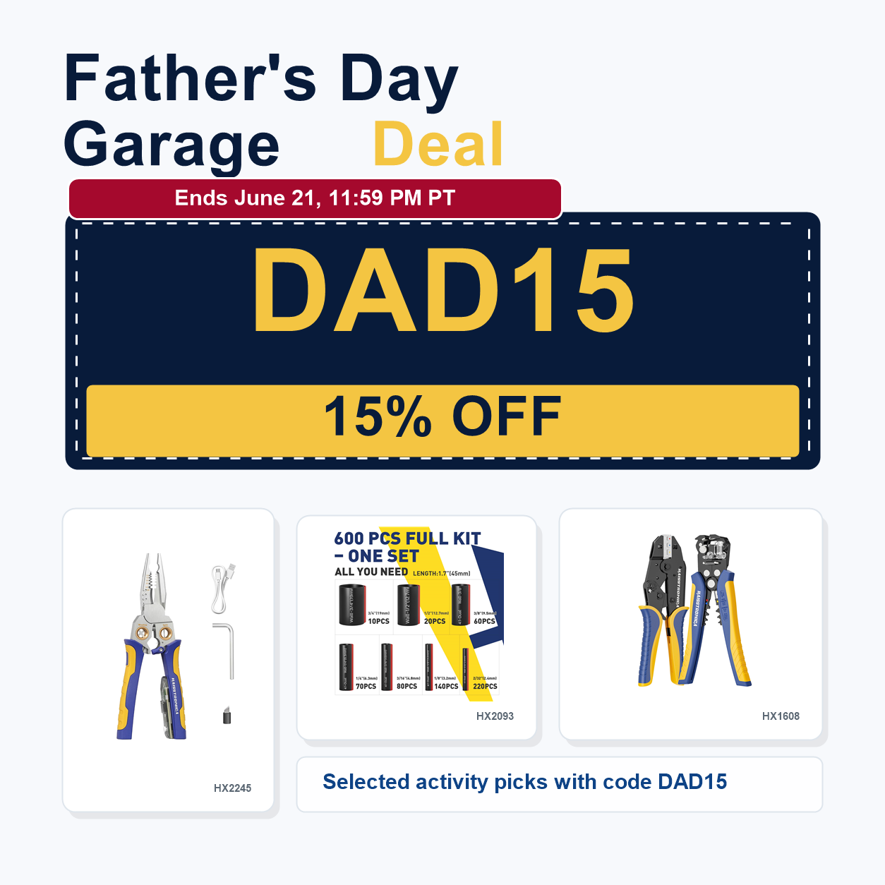Father's Day Garage Deal DAD15 mobile square banner with Haisstronica products.