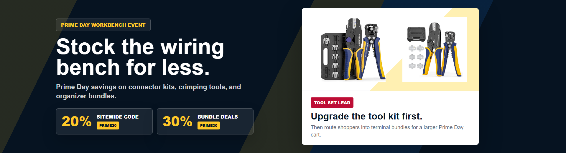 Prime Day garage wiring deals desktop banner with PRIME20 and PRIME30.