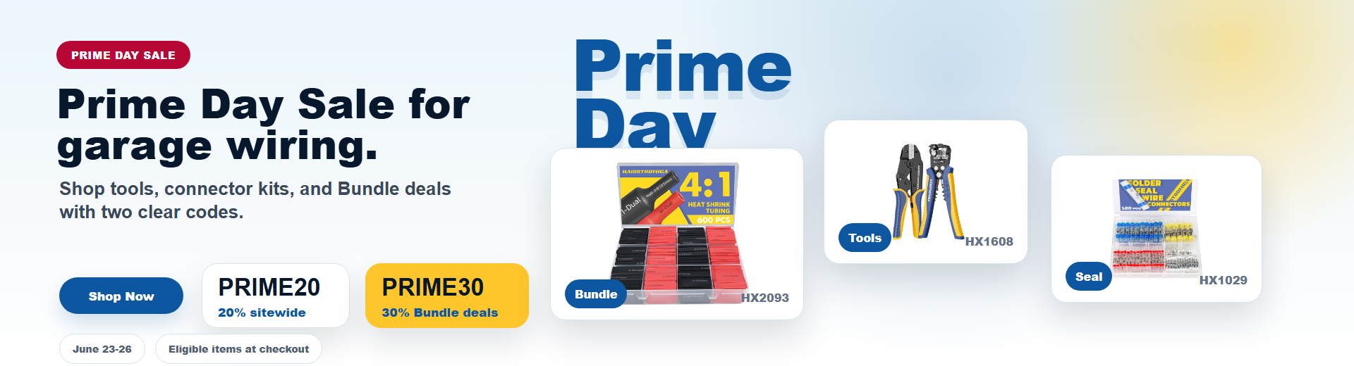 Prime Day garage wiring deals. PRIME20 gives 20% sitewide. PRIME30 gives 30% Bundle deals.